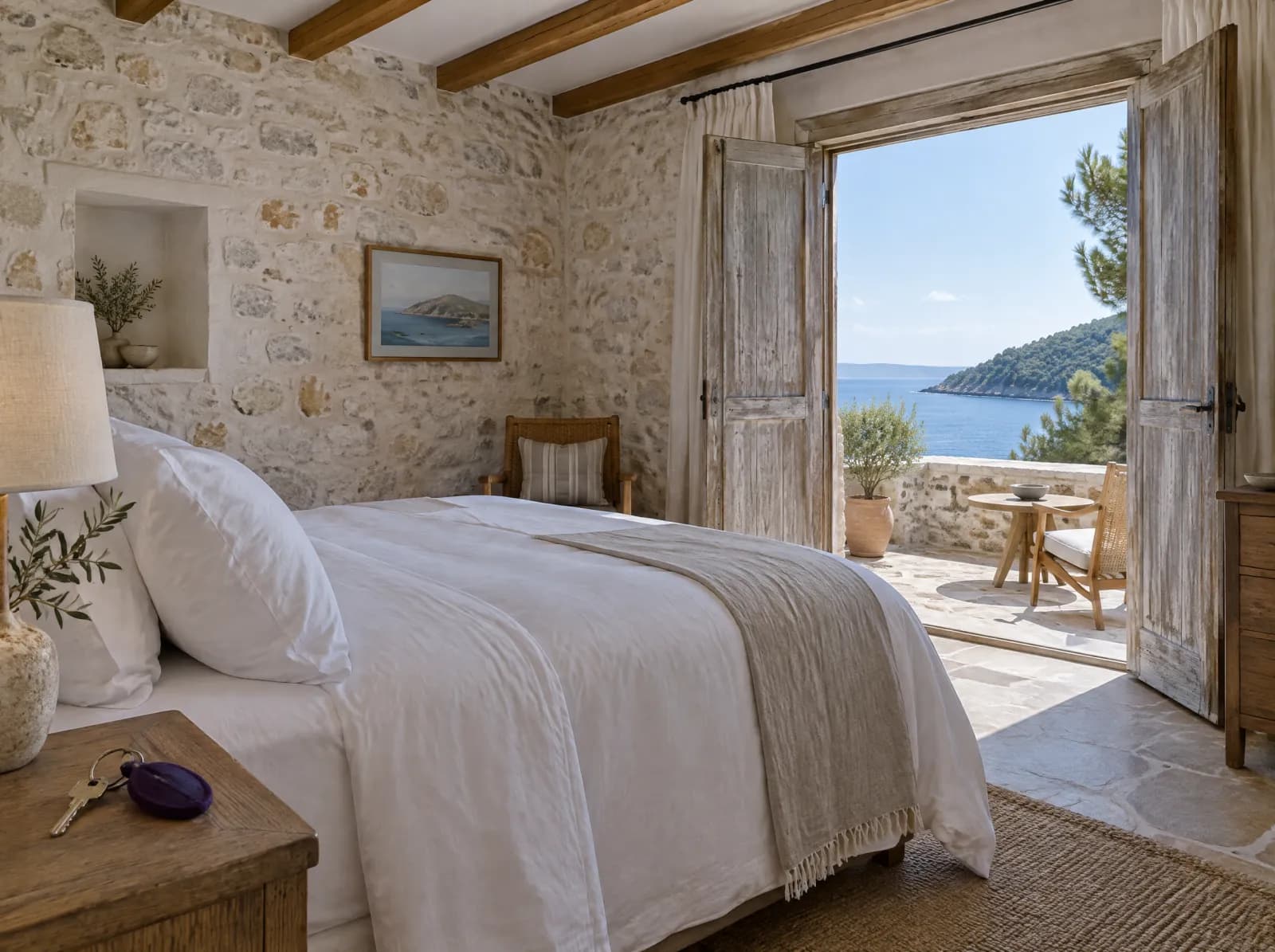 Deniz manzaralı, taş duvarlı bir otel odası ve komodinde duran oda anahtarı